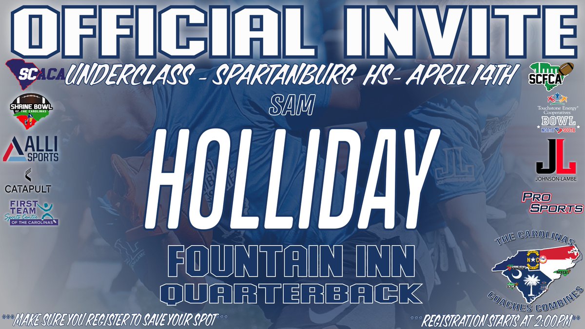 Carolinas Coaches Combine (@coachescombines) on Twitter photo Congratulations on being selected to the Carolinas Coaches Combines Underclass at Spartanburg HS (26/27s)! See you on April 14 at 2pm!
Check your email to register!
#CarolinasCoaches24 <a href="/JohnsonLambe/">Johnson Lambe Sporting Goods</a>
<a href="/FIHSfootball44/">Fountain Inn High School Football</a> <a href="/CoachBNichols/">Brett Nichols</a> <a href="/_jacob_cotham_/">Jacob Cotham</a> <a href="/colbyflood_/">Colby Flood 2027 Db</a> <a href="/sholliday_4/">Sam Holliday 2027 QB</a> Congratulations on being selected to the Carolinas Coaches Combines Underclass at Spartanburg HS (26/27s)! See you on April 14 at 2pm!
Check your email to register!
#CarolinasCoaches24 <a href="/JohnsonLambe/">Johnson Lambe Sporting Goods</a>
<a href="/FIHSfootball44/">Fountain Inn High School Football</a> <a href="/CoachBNichols/">Brett Nichols</a> <a href="/_jacob_cotham_/">Jacob Cotham</a> <a href="/colbyflood_/">Colby Flood 2027 Db</a> <a href="/sholliday_4/">Sam Holliday 2027 QB</a>