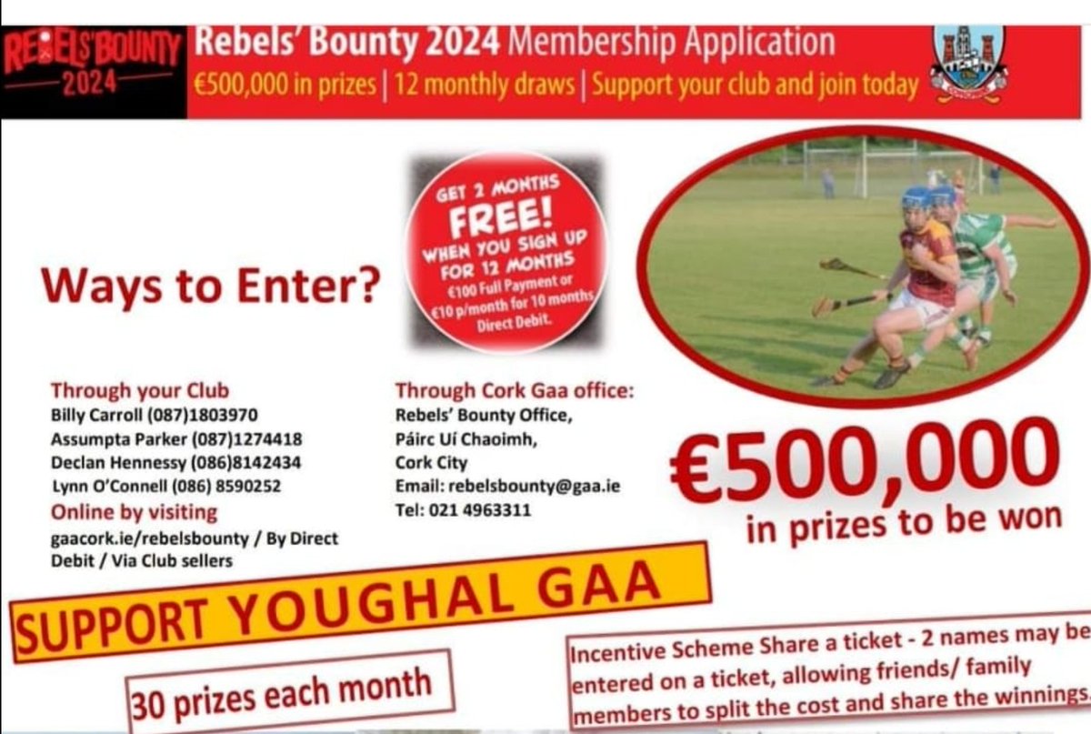 **REBEL BOUNTY** Please note that anyone wishing to join Cork GAA Rebels Bounty monthly draw; Direct Debit will need to apply by this Friday 1st March. Visit corkgaa.ie/rebelsbounty or see below for ways to enter. Thanks for your support