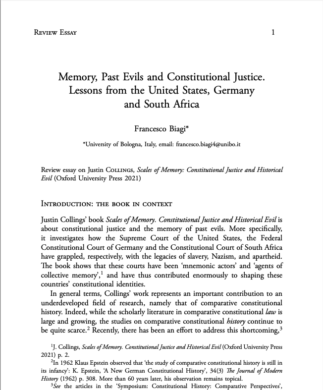 How did the US Supreme Court, the German Constitutional Court and the South African Constitutional Court grapple, respectively, with the legacies of slavery, Nazism, and apartheid?

Now on FirstView @Eu_Const is @FrancescoBiagi review of Justin Collings' 'Scales of Memory'