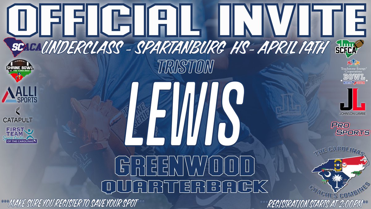 Carolinas Coaches Combine (@coachescombines) on Twitter photo Congratulations on being selected to the Carolinas Coaches Combines Underclass at Spartanburg HS (26/27s)! See you on April 14 at 2pm!
Check your email to register!
#CarolinasCoaches24 <a href="/JohnsonLambe/">Johnson Lambe Sporting Goods</a>
<a href="/coach_liner/">Coach Chris Liner</a> <a href="/DysonADavis/">Dyson Davis</a> <a href="/KhamariGriffin7/">Khamari Griffin๐ซ</a> <a href="/TristonLewis18/">Triston Lewis</a> Congratulations on being selected to the Carolinas Coaches Combines Underclass at Spartanburg HS (26/27s)! See you on April 14 at 2pm!
Check your email to register!
#CarolinasCoaches24 <a href="/JohnsonLambe/">Johnson Lambe Sporting Goods</a>
<a href="/coach_liner/">Coach Chris Liner</a> <a href="/DysonADavis/">Dyson Davis</a> <a href="/KhamariGriffin7/">Khamari Griffin๐ซ</a> <a href="/TristonLewis18/">Triston Lewis</a>