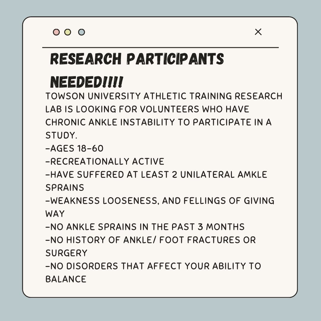 tu_kinesiology's tweet photo. RESEARCH PARTICIPANTS NEEDED! Are you interest In trying virtual reality rehabilitation?
Contact Lisa Custer if you are interested.
#virtualreality #ankleproblems #towsonuniversity 🐯🐅 https://t.co/Wq8ZLvbXZj