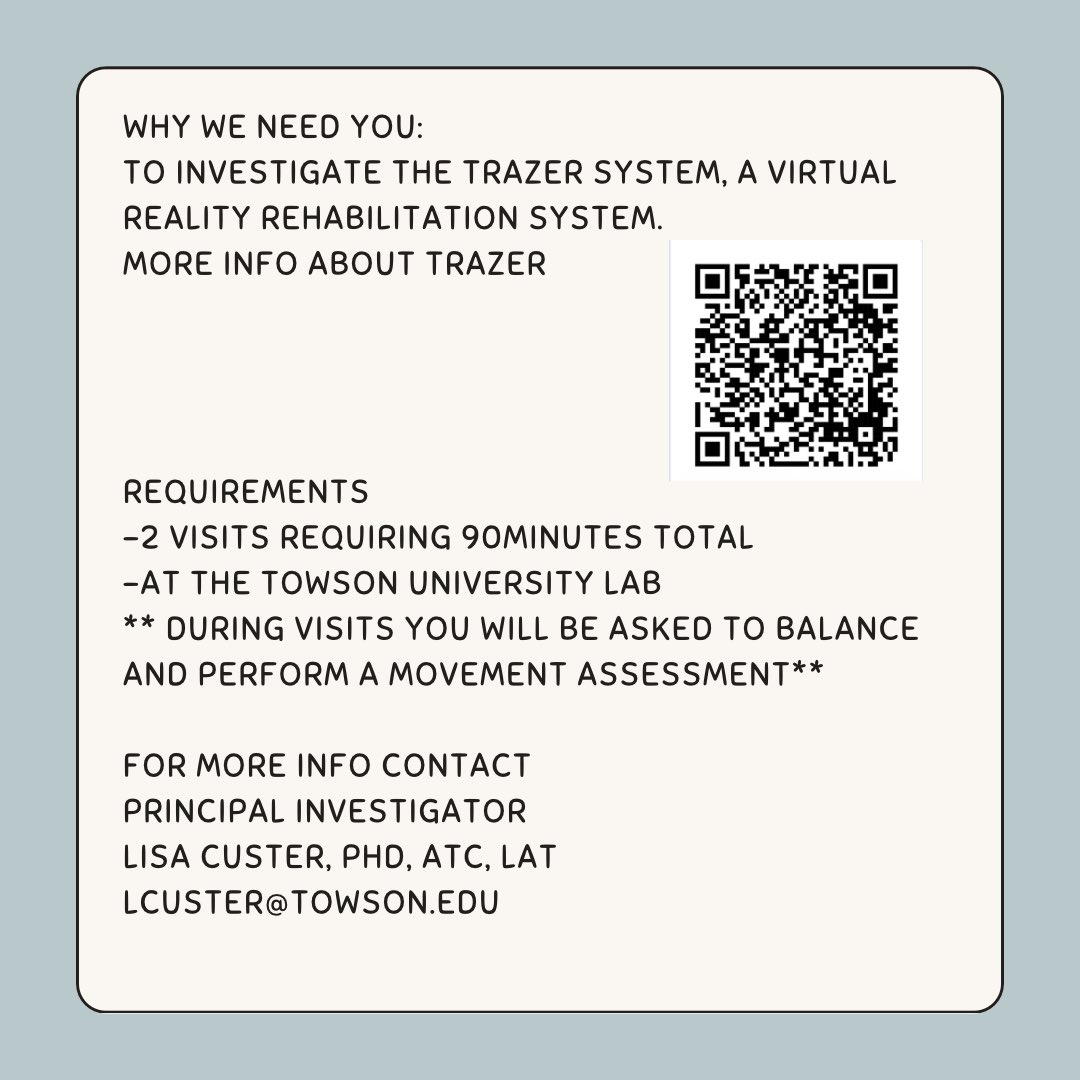 tu_kinesiology's tweet photo. RESEARCH PARTICIPANTS NEEDED! Are you interest In trying virtual reality rehabilitation?
Contact Lisa Custer if you are interested.
#virtualreality #ankleproblems #towsonuniversity 🐯🐅 https://t.co/Wq8ZLvbXZj
