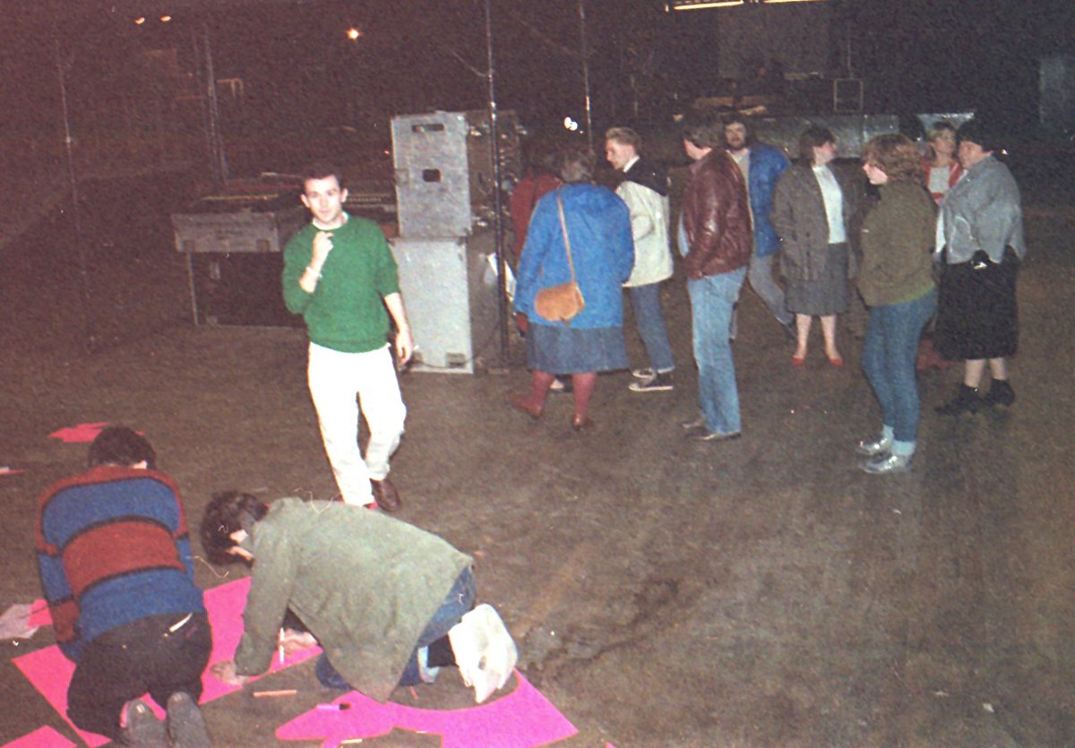 Pits and Perverts 10 Dec 1984. Making preparations before the evening event. Mark Ashton looking at the camera. Hefina Headon far right with black skirt. We filled the Electric Ballroom in Camden, London to capacity - 1,500 of our supporters.