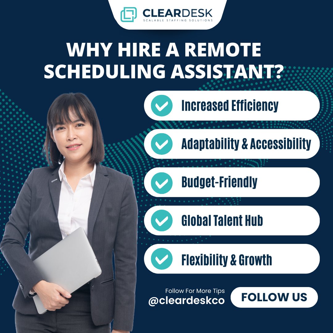 thecleardeskco's tweet image. Effortless Scheduling, Anytime, Anywhere with ClearDesk&apos;s Remote Scheduling Assistants! 

Ready to redefine your scheduling game? Achieve business efficiency at hubs.li/Q02mrkR60. 🚀 

#ClearDesk #RemoteWorkforce #SchedulingAssistant #AppointmentSetter #BusinessSolutions