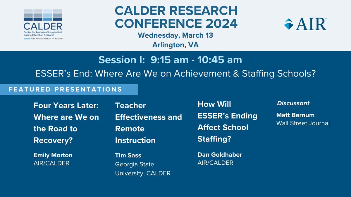 As ESSER comes to an end this year, where are we on student achievement & staffing schools? Hear about the evidence by joining us at Session I of #CALDER2024 on 3/13, featuring @emily_r_morton, Tim Sass, @CEDR_US & @matt_barnum. Register 👉: forms.gle/Fs6bxp9TybH8UA… @AIRInforms