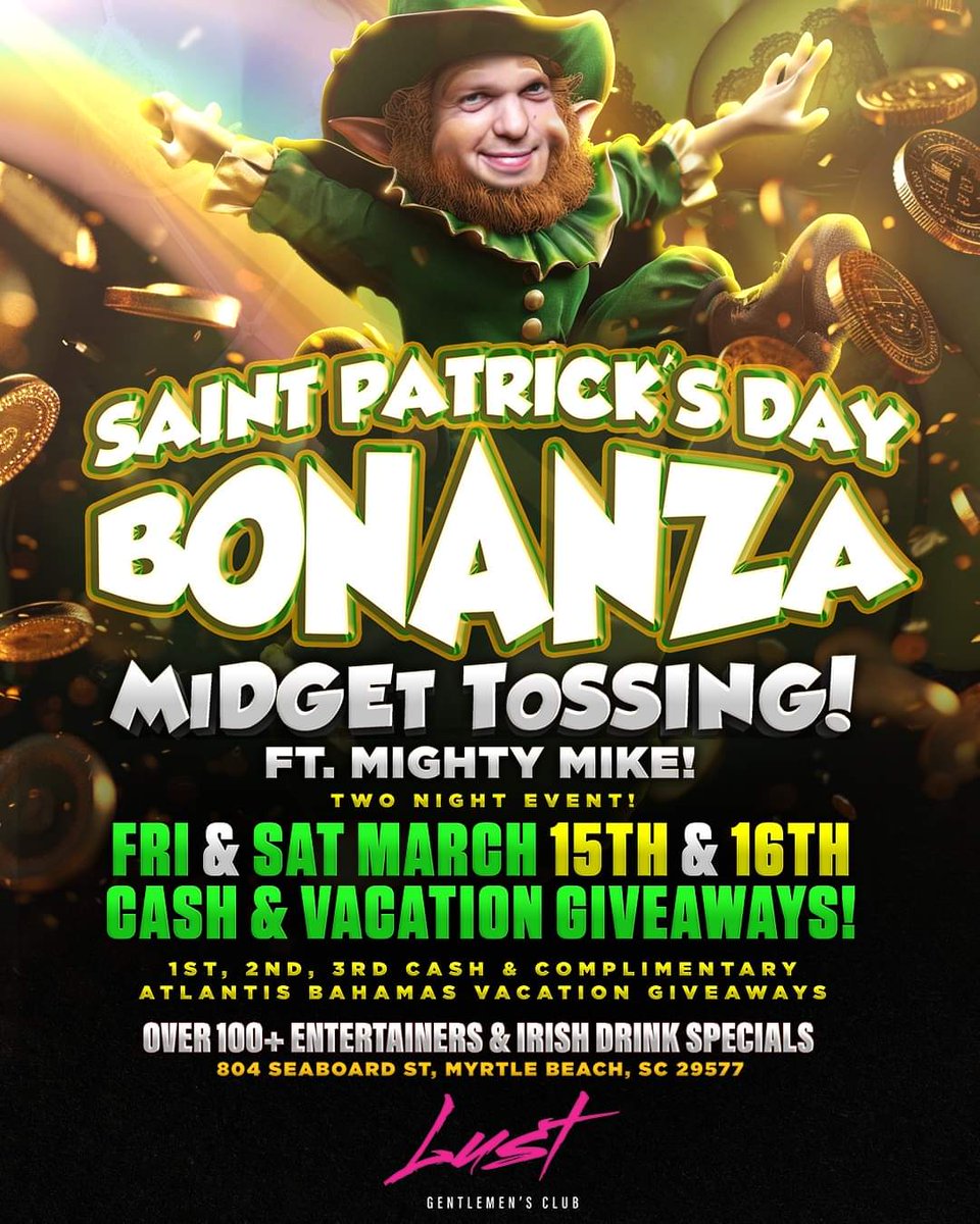 madmaxshow's tweet photo. 🌈Friday March 15th and Saturday March 16th - win CASH and VACATION prizes for the winners of our nightly Midget Tossing Contest! 1st, 2nd, 3rd ARE ALL WINNERS! Complimentary trips to Atlantis in the Bahamas! https://t.co/j9kE1CkrMY