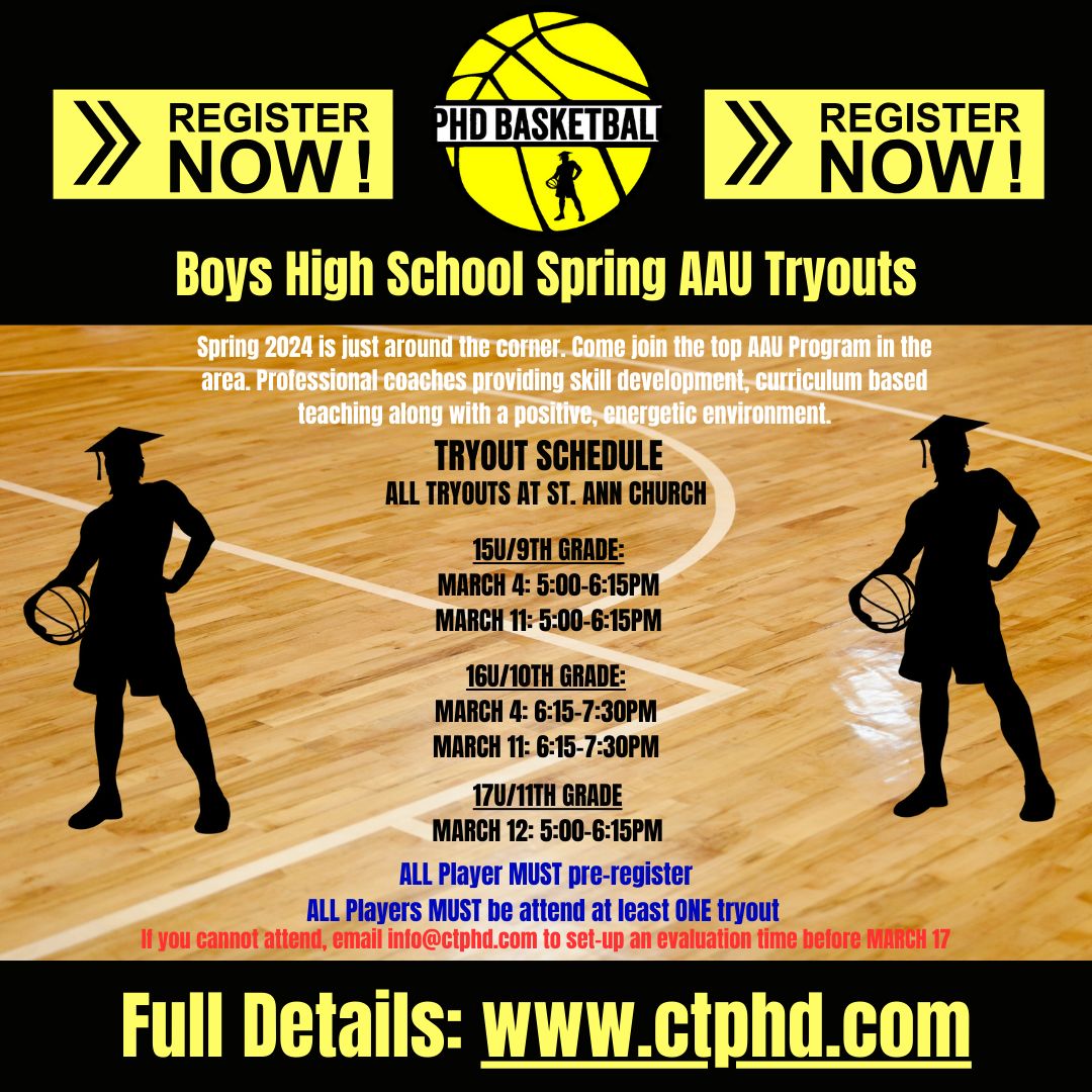 Boys High School AAU Tryouts are around the corner. Register today! #phdhoops #ctbb