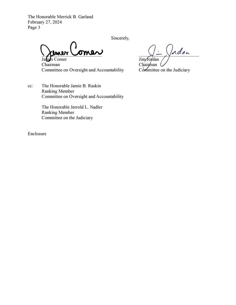 GOPoversight's tweet photo. 🚨 BREAKING: Chairmen Comer and Jordan are subpoenaing the DOJ for Special Counsel Hur’s Joe Biden interview records, including transcripts, notes, video, and audio files.
