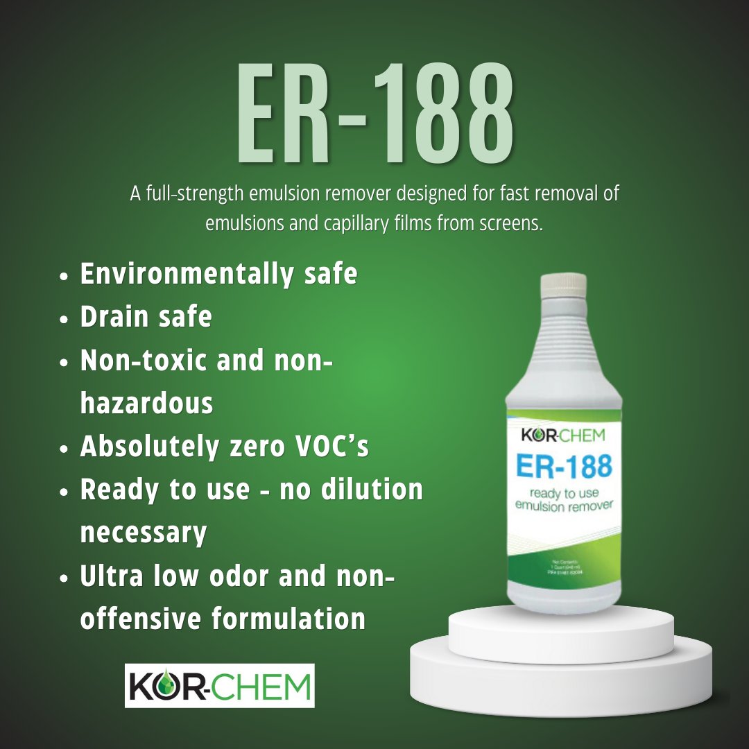 You read it right! ER-188 is a full-strength emulsion remover that is eco-friendly, and absolutely VOC-free.

Say goodbye to dilution hassles and hello to a low-odor, non-offensive solution! 🌿✨

#KorChem #ScreenPrinting #EmulsionRemover #ER188 #TshirtPrinting #ScreenPrintShop