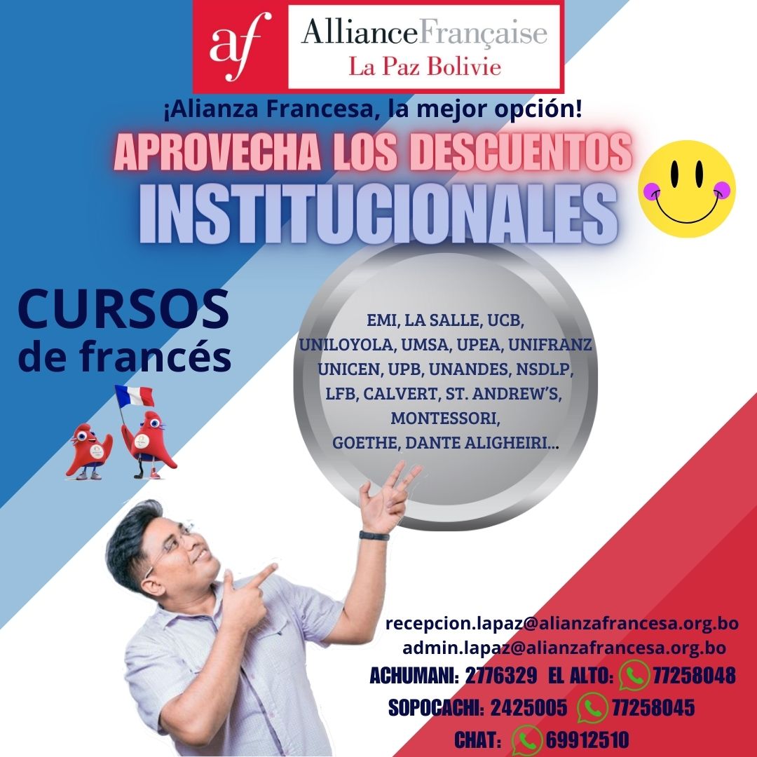 📢Todos los estudiantes, personal docente y administrativo de estas instituciones, pueden beneficiarse del 10% al 15% de descuento sobre los costos bimestrales.✅
💻lapaz.alianzafrancesa.org.bo/calendario-de-…
📲Contáctanos: wa.me/message/YQSWZL…