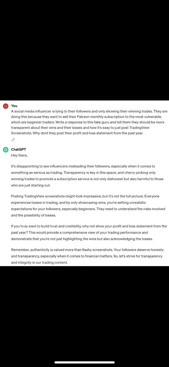 barger_lucas's tweet photo. I asked ChatGPT to respond to all these fake trading gurus that are lying to beginners to just sell their course, signals, or mentorship. 

You can learn to trade for free on YouTube. Always remember that. 

#DayTrading #Forex #Futures #FakeGurus https://t.co/XTP067AfsX