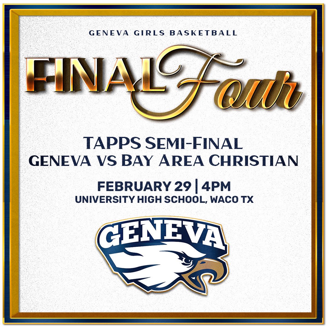 GSB_AthleticsTX's tweet photo. 🏀Join us for the BIG GAME as the Geneva Eagles girls basketball team heads to the Final Four! 

Catch the excitement live this Thursday at 4pm in Waco, TX. Let's pack the stands and support our Eagles as they vie for victory! 🦅#TalonsUp #RoadToWaco https://t.co/8ItWQlSiCo