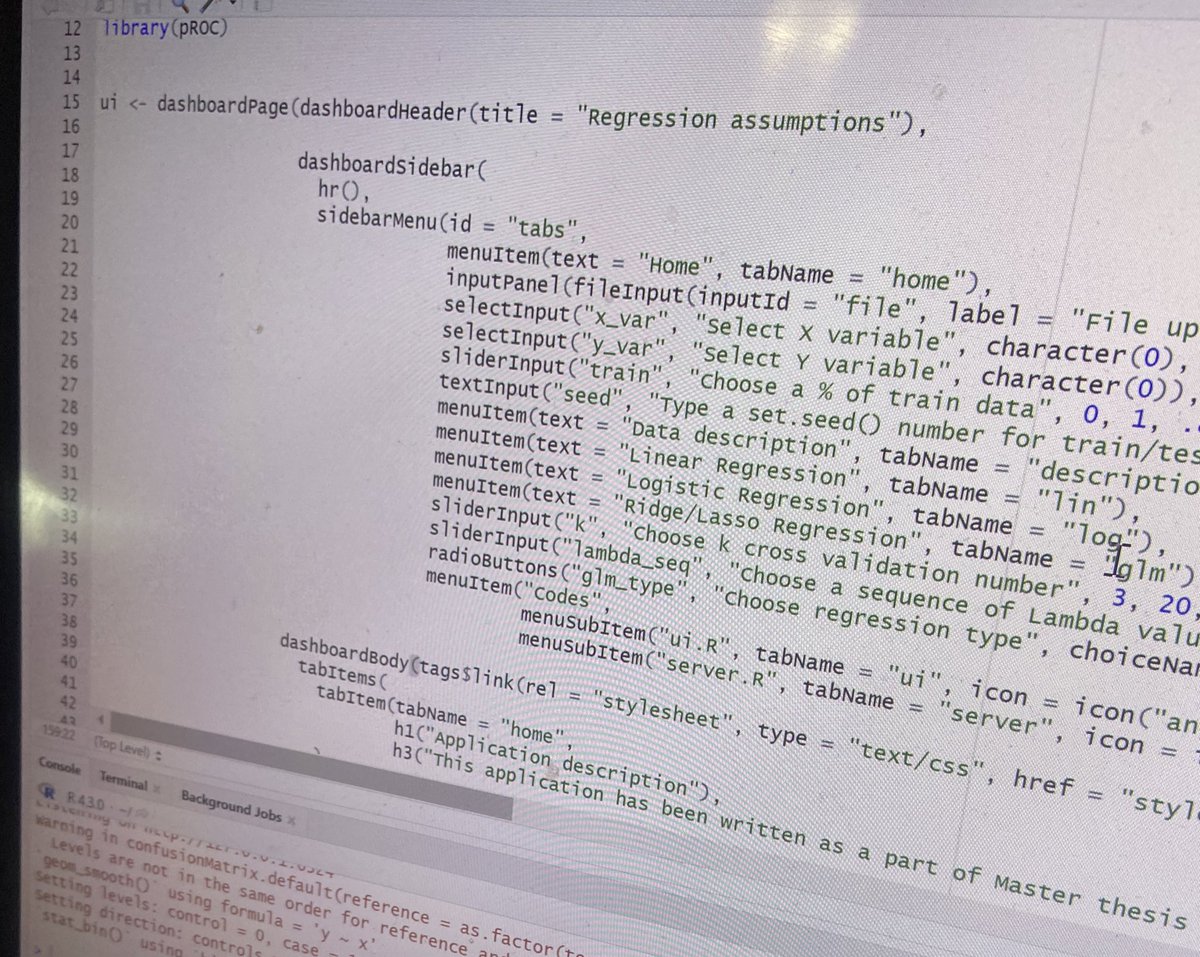 enjojoyy's tweet image. my friend wrote a web app for her masters thesis in R. it’s literally one file with BOTH ui AND server components.
i’m (react dev) in shambles
p.s. she allowed me to post it