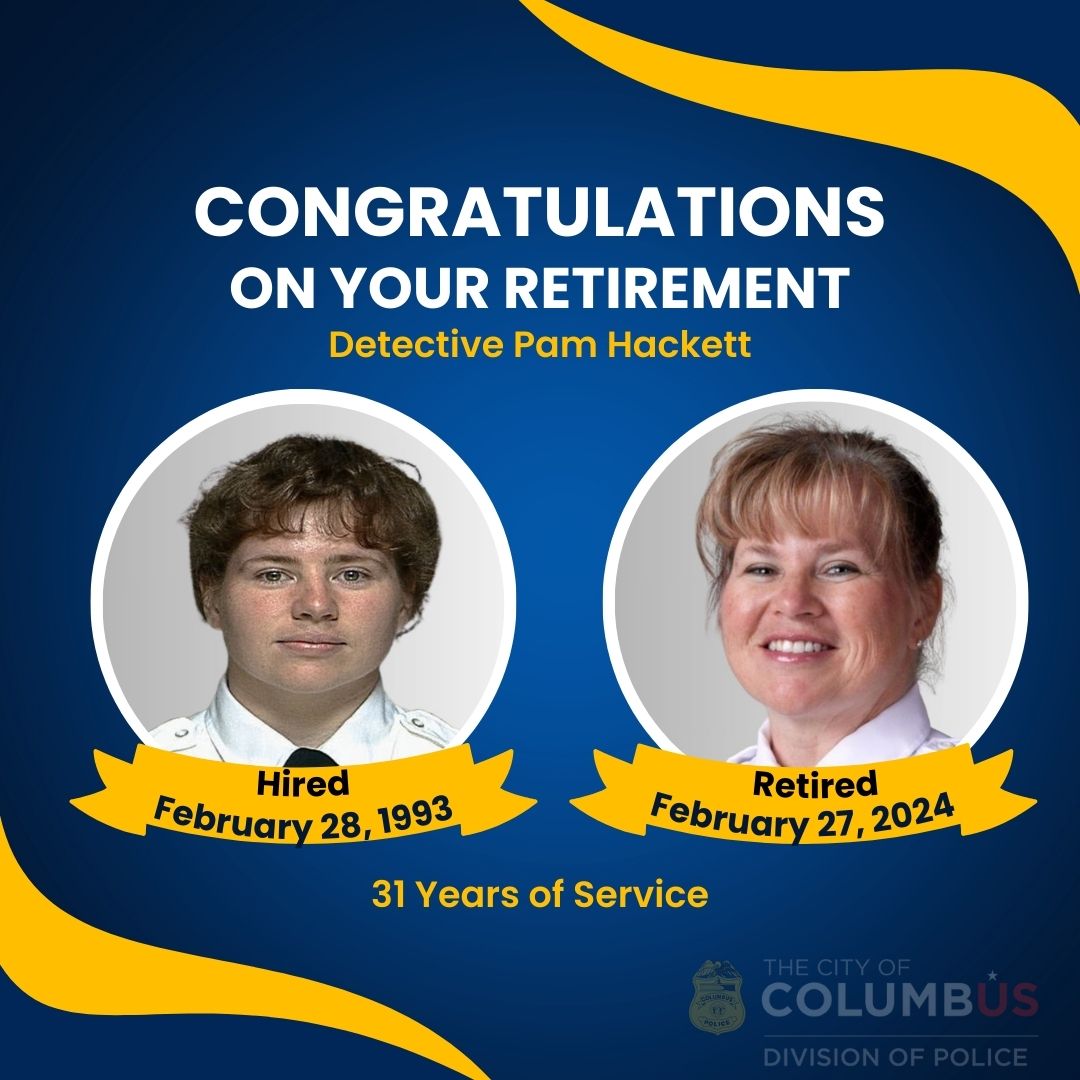 Today, we bid a fond farewell to Detective Pam Hackett, who has dedicated an incredible 31 years of service to the Columbus Division of Police. 🚔Thank you, Pam, for your service, your kindness, and for making a difference in our community. #ThankYouForYourService