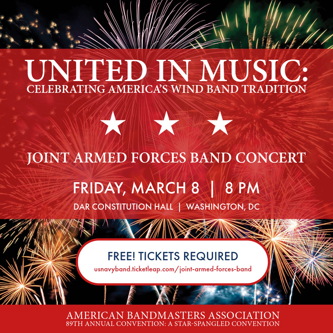 Members of @theusarmy @marineband @usnavyband @USAFBand @USCG Band and Japan Ground Self-Defense Force Band will perform works by John Philip Sousa, Percy Grainger, Gustav Holst, and world premieres by James Stephenson and Kevin Day. Free & open to the public! Registration req.