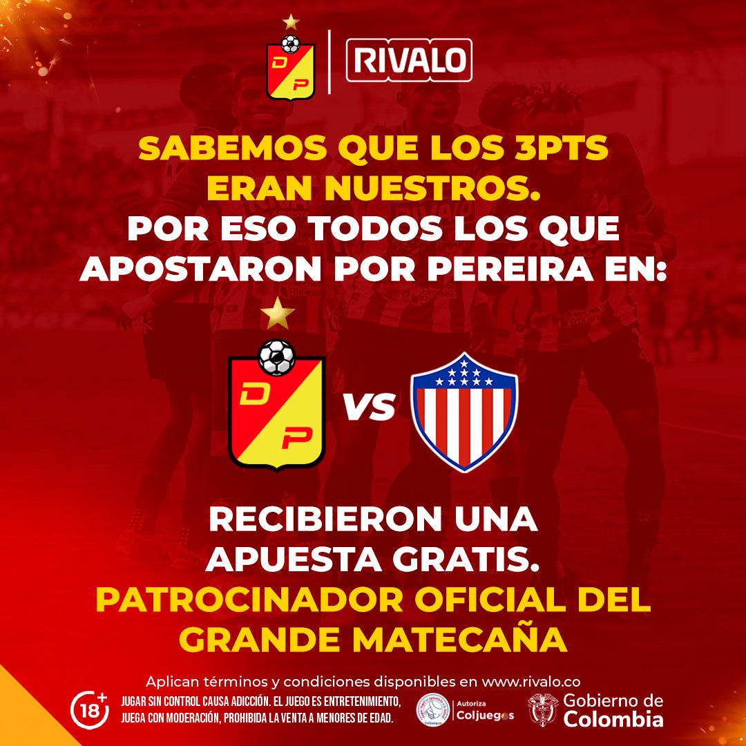 ¡ Sabemos que esos tres puntos eran nuestros! Por eso, decidimos darle una apuesta gratis a todos nuestros jugadores que apostaron por el Deportivo Pereira contra el Junior. @DeporPereiraFC Estamos con ustedes❤️💛 #LaGrandezaDeCreer