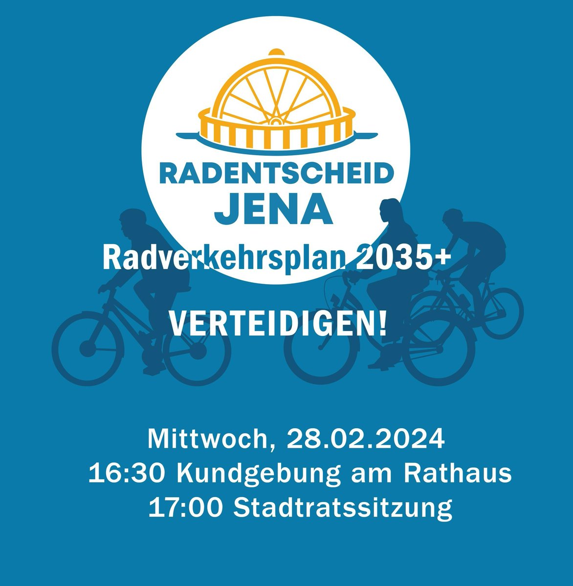 Einstehen für den Radverkehrsplan! Der Radentscheid steht vor der Entscheidung. Am Mittwoch, 28.02.24 ab 16:30 Uhr könnt Ihr bei der Kundgebung vor dem Stadtrat Gesicht zeigen: dafür, dass uns eine weitere Verwässerung des vorliegenden Radverkehrsplans Jena 2035+ nicht egal ist!