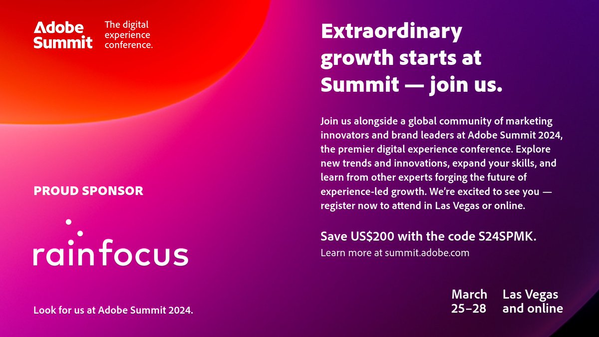 Join us at #AdobeSummit and experience the power of RainFocus, the platform powering the event. Look for us at booth 971 to learn how RainFocus and <a href="/Adobe/">Adobe</a> integrations can help drive #eventsuccess. summit.adobe.com/na/?sdid=SPVLM…