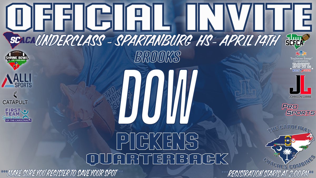 CoachesCombines's tweet photo. Congratulations on being selected to the Carolinas Coaches Combines Underclass at Spartanburg HS (c/o 26/27s)! See you on April 14 at 2pm!

Check your email to register!

#CarolinasCoaches24 @JohnsonLambe

@coachjreynolds @blueflamefb @brooks_dow22143
@Will_Stone08 https://t.co/ds883ZPkO6