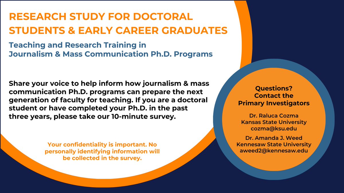 AEJMC's tweet image. Calling all PhDs and Early Career Faculty: Take our 10-minute survey to share your insights on how journalism &amp;amp; mass communication PhD programs train students for teaching &amp;amp; research. 
Complete the 10-min. survey at
kennesaw.co1.qualtrics.com/jfe/form/SV_0v…
Deadline is Sunday, March 10.