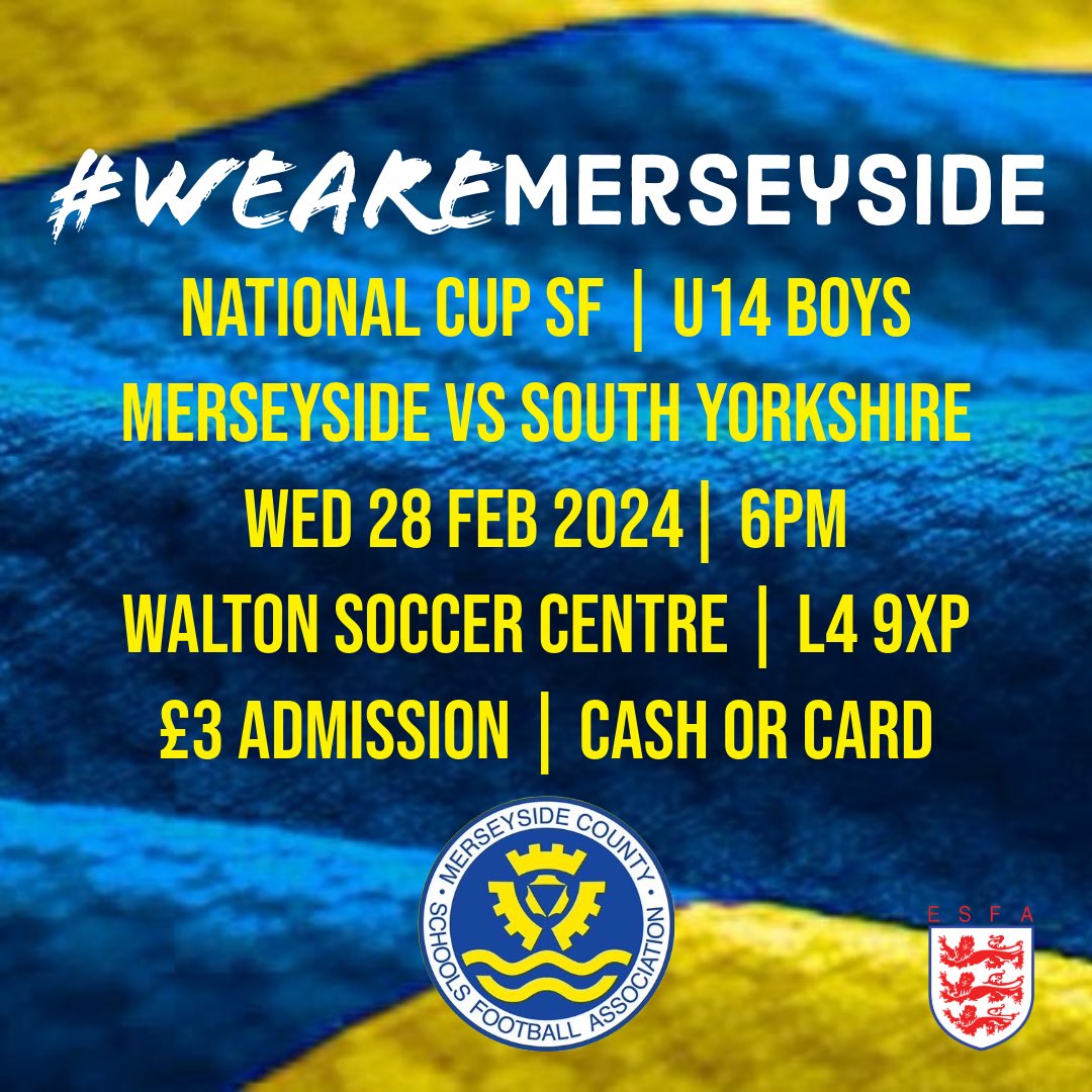 Cup Action! 

Our 14’s Boys are in cup action tomorrow night! With a chance to progress to the final up for grabs! 

Enjoy it, lads! We’re all right behind you! 

𝙇𝙚𝙩’𝙨 𝙜𝙤!

#WeAreMerseyside | #UpForTheCup 🔵🟡