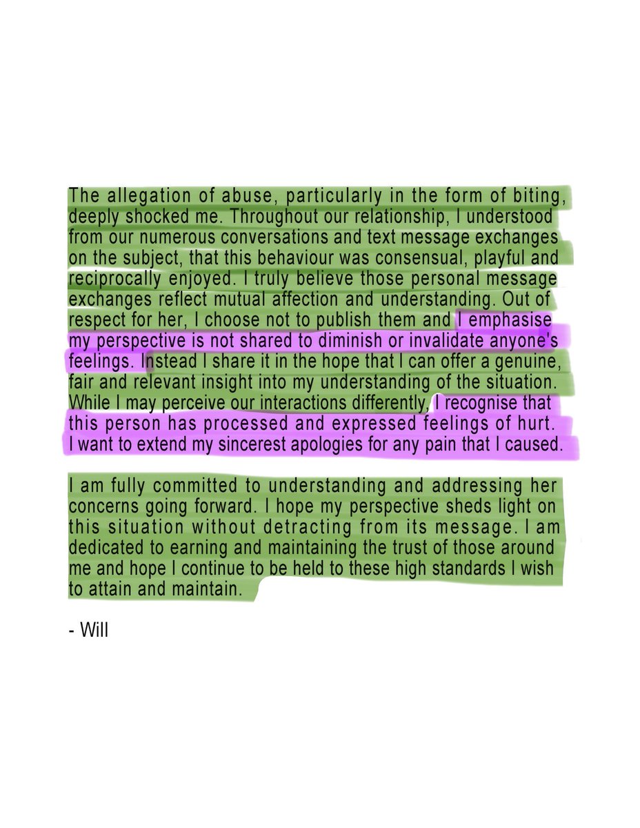 eppyco's tweet photo. @WilburSoot For anyone who said he apologized
 
The things highlighted green is him defending himself
The things highlighted pink is him talking about Shelby

He made this “apology“ 99% about him . https://t.co/En2z7lD6cF