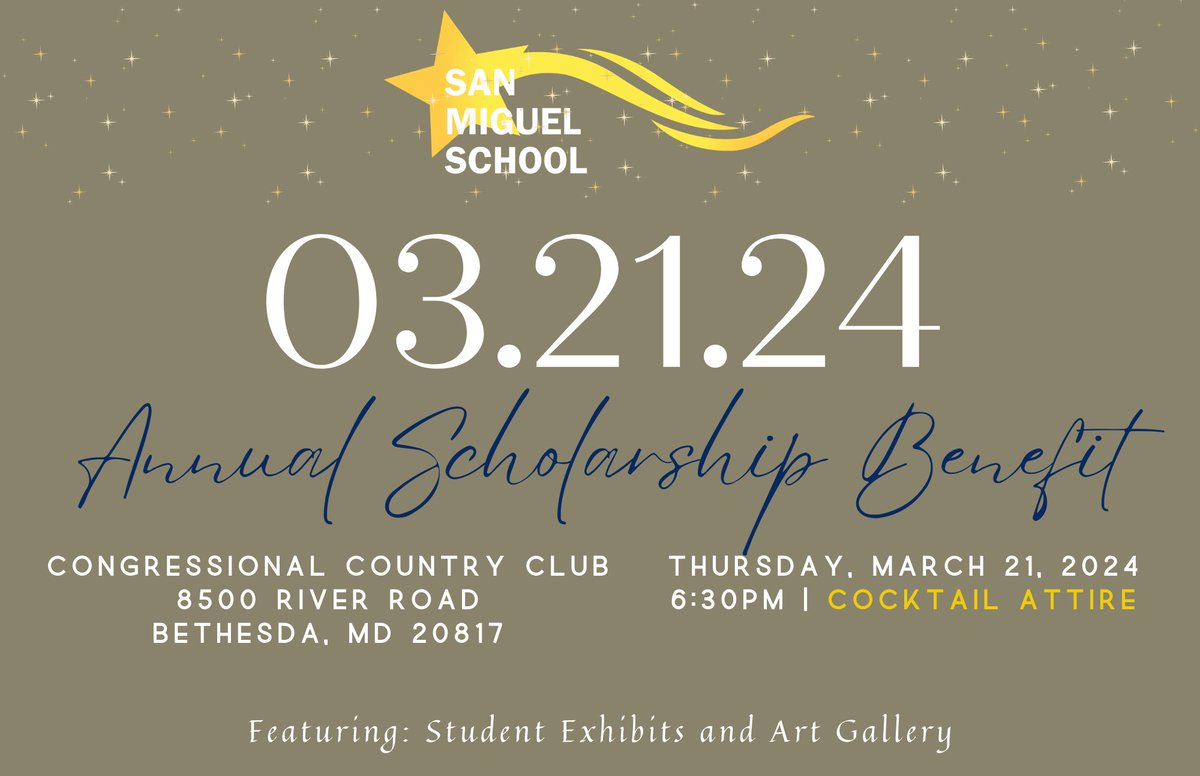 Step into the world of San Miguel Stars ✨ Join us on Thursday, March 21 at 6:30 p.m. at Congressional Country Club for an enchanting evening. Our students will be your guides, showcasing the incredible work they have done throughout the year. Register now!