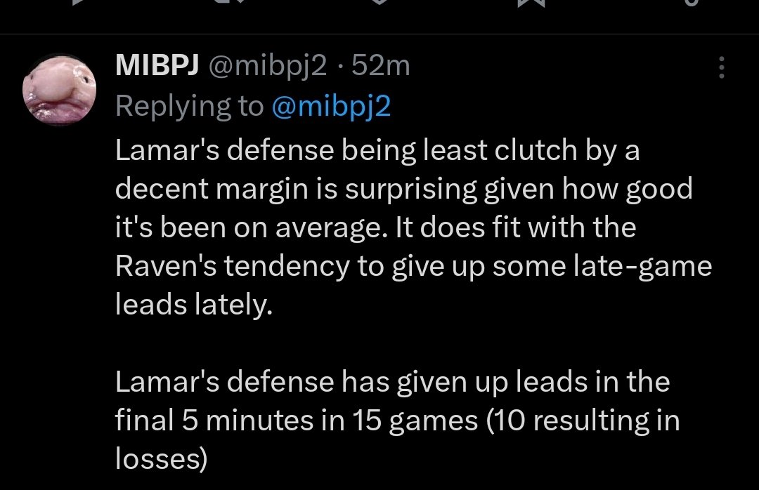 'Lamar isn't clutch' 
 'Lamar is carried by his defense.' When I see those responses, I know you don't watch games! The Ravens are top 3 in blown leads since 2022 (that means that the offense had to score pts for the def to give up the leads). Ppl show on this app evday they dk🏈