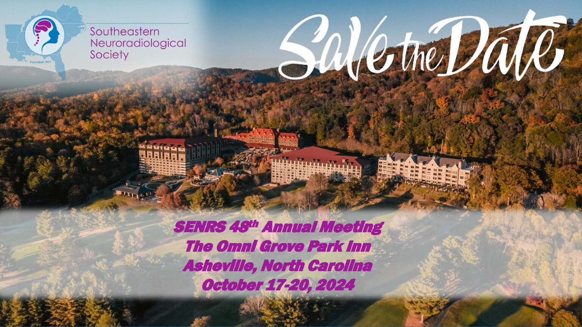 Registration is now open for #SENRS24 at the beautiful @OmniGrovePark in Asheville, NC! Don’t miss this amazing event, now 4 days with even more great content and speakers! Abstracts will also be open soon!! @TheSENRS @TheASNR #NeuroRad #RadRes senrs.net