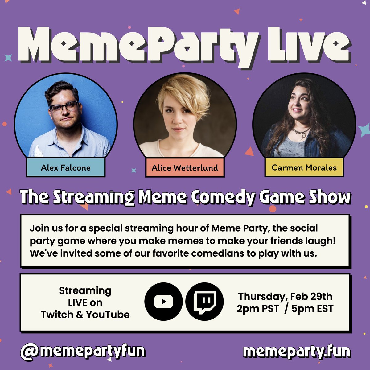 Meme Party LIVE returns streaming live on Youtube and Twitch! Thurs Feb 29th at 2pm PST / 5pm EST Jokes, memes, & the competitive sprit to win come together for an hour of streaming hilarity. This week’s comedian-competitors: @alex_falcone @alicewetterlund & @TheFunnyCarmen