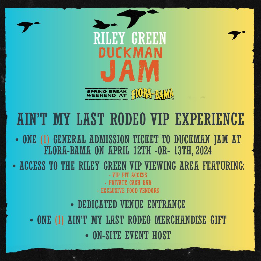 RileyGreenMusic's tweet photo. Y’all got your tickets for Duckman Jam yet? Grab one of the VIP packages to get access to a VIP viewing area, pre-show lounge and more. All VIP and travel packages are available at https://t.co/M11wJaJ81B https://t.co/BQ5RC1BOd5