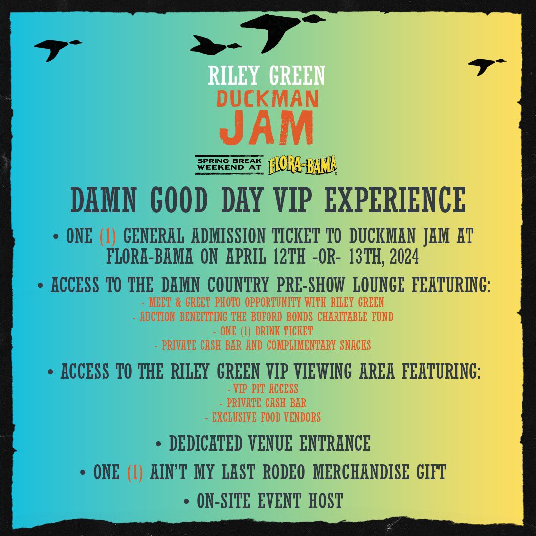 RileyGreenMusic's tweet photo. Y’all got your tickets for Duckman Jam yet? Grab one of the VIP packages to get access to a VIP viewing area, pre-show lounge and more. All VIP and travel packages are available at https://t.co/M11wJaJ81B https://t.co/BQ5RC1BOd5