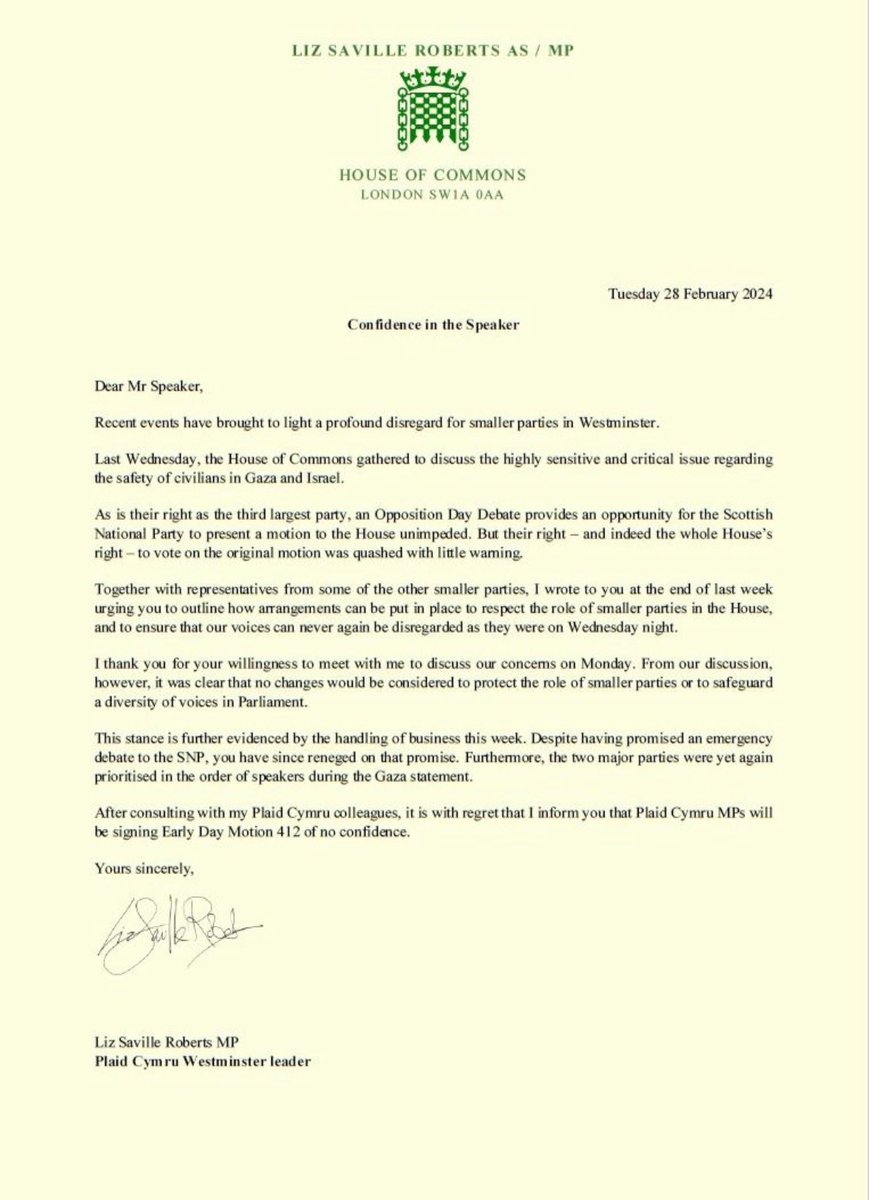 NEW: Speaker Lindsay Hoyle has just lost the support of a SECOND entire party All 3 Plaid Cymru MPs have singed the motion of no confidence in the Speaker. She is accusing the Speaker of favouring the two main parties *86 MPs have now signed the motion of no confidence*