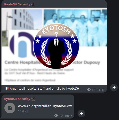 HackAndnewsoff's tweet photo. ❗️❗️ {HACKTUALITÉS} L’Hacktivist KyotoSH revendique une #Cyberattack contre le centre hospitalier d Argenteuil
Le hackeur nous montre des mails provenant du site hospitalier 
KyotoSH membre de #lulzSec #Cyberattack @_SaxX_ @H4ckManac @TodayCyberNews @FoxNews @konbininews https://t.co/62I3nKZsYG