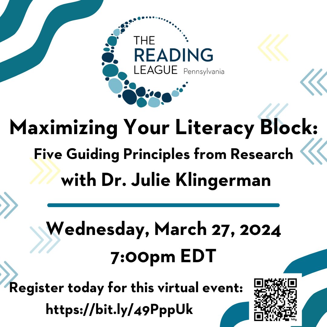 The Reading League PA is honored to announce: Maximizing Your Literacy Block: Five Guiding Principles from Research with Dr. Julie Klingerman!! Join us Wednesday, March 27th 7:00 p.m. EDT!! Register at: bit.ly/49PppUk @ReadingLeaguePA