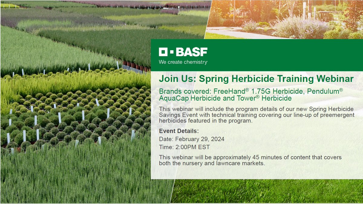 Attn: Nursery &amp; Turfgrass Professionals! 

Join us on 2/29 at 1 PM CT for a Spring Herbicide Training Webinar. This event will focus on Preemergent Herbicides from the BASF Turf &amp; Ornamentals portfolio. #BetterTurf #BetterPlants

Registration Link: events.teams.microsoft.com/event/6662cecc…