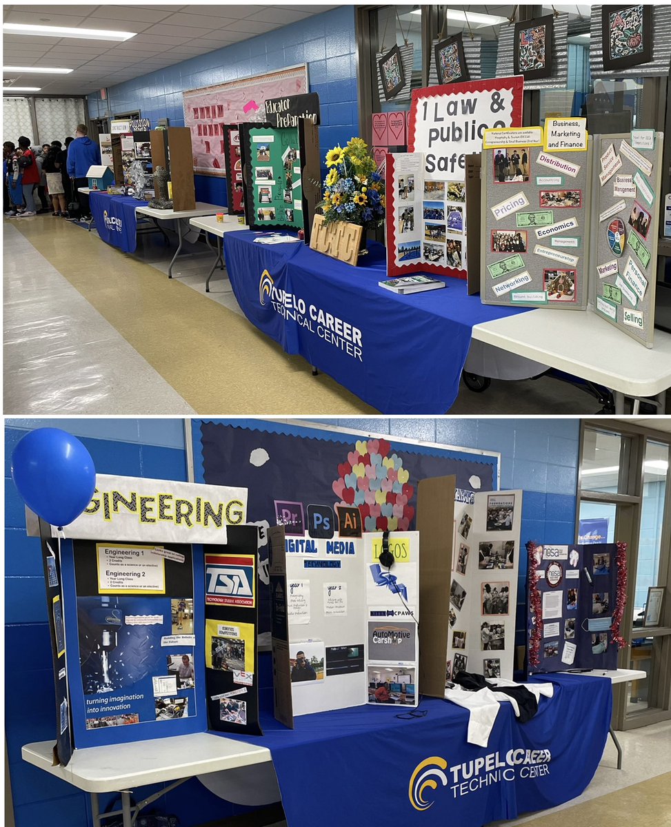 Student Services Coordinators along with WBL instructor set up displays at Milam Elementary to showcase CTE programs available at THS!💙💛 #careerexploration #weloveCTE #tpsd