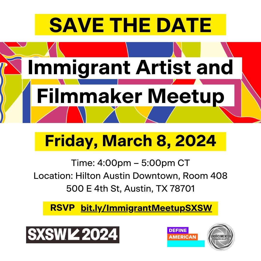 🗣️📣We are taking over @sxsw 2024! For the first time ever, @defineamerican and @undocufc are hosting an Immigrant Artist and Filmmaker Meetup! RSVP here: bit.ly/ImmigrantMeetu… You don’t want to miss it. We hope to see you there! 🔥🔥 Illustration by @brianherrera.art 🤩
