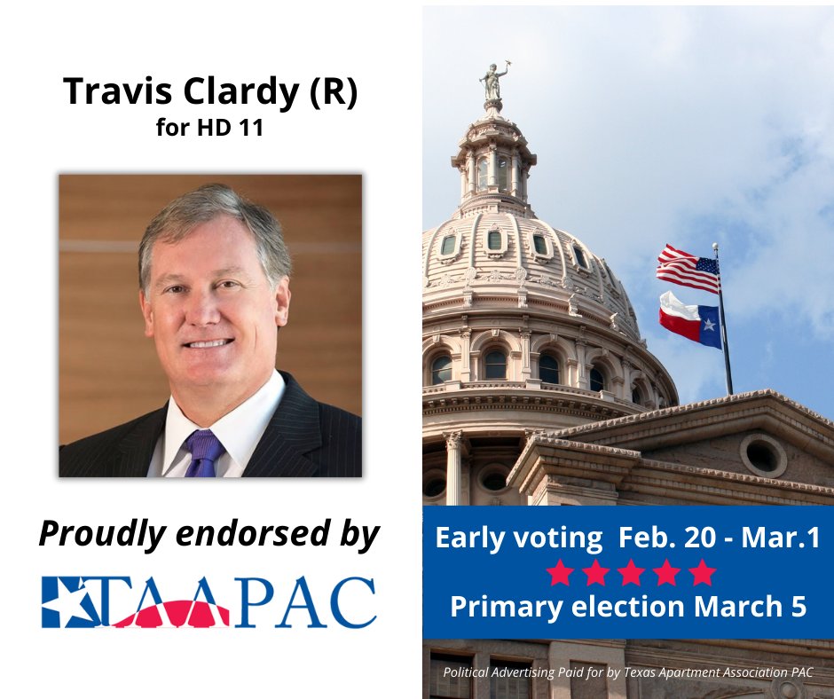 TAA PAC proudly endorses Travis Clardy for House District 11.