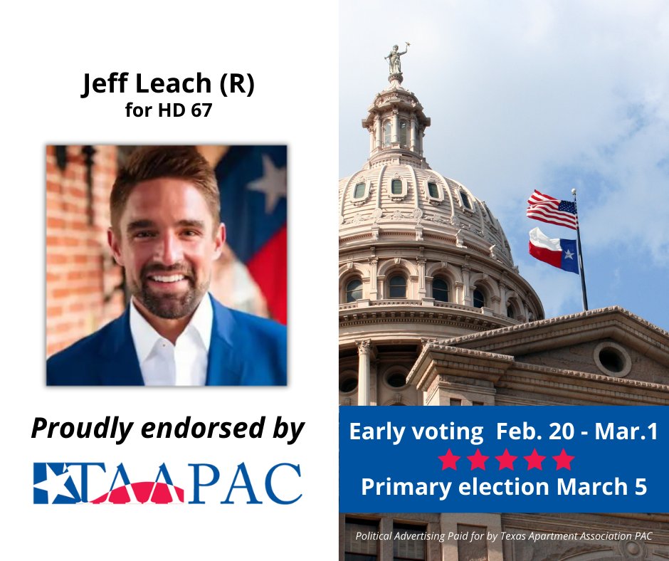 TAA PAC proudly endorses Jeff Leach for House District 67.