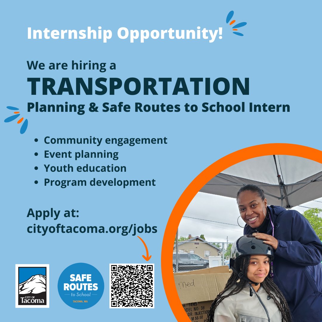 The <a href="/CityofTacoma/">City of Tacoma</a> Transportation Division is hiring a Transportation Planning intern to support the Safe Routes to School program and Transportation Master Plan community engagement. Apply by 3/18/2024 at governmentjobs.com/careers/tacoma… #transportationplanning #Internships #saferoutes
