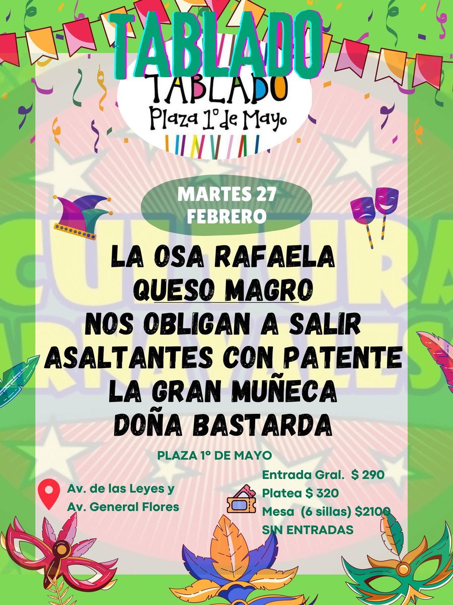 CCarnavalesca's tweet photo. PROGRAMA DE TABLADOS

Los 4 Tablados que abren sus puertas en la noche del Martes 27 de Febrero https://t.co/RWm1VsSBR6