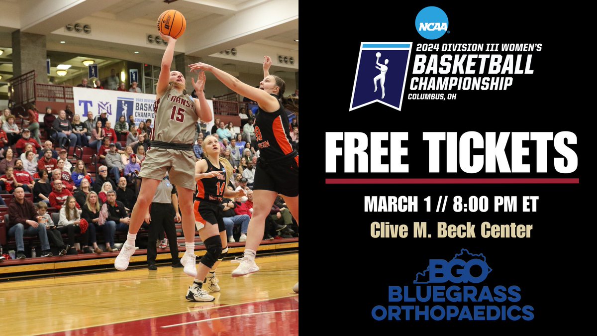 Transy Sports (@transysports) on Twitter photo π£οΈ ππ₯ππ π§πππππ§π¦
The Sports Medicine Provider of Transy Athletics, Bluegrass Orthopedics, is giving the first 50 students who are 17 & under plus their parent a free ticket to the <a href="/NCAADIII/">NCAA Division III</a> First Round Basketball Championship at Transy on Friday between <a href="/TUWBX/">Transylvania WBX</a> and π£οΈ ππ₯ππ π§πππππ§π¦
The Sports Medicine Provider of Transy Athletics, Bluegrass Orthopedics, is giving the first 50 students who are 17 & under plus their parent a free ticket to the <a href="/NCAADIII/">NCAA Division III</a> First Round Basketball Championship at Transy on Friday between <a href="/TUWBX/">Transylvania WBX</a> and