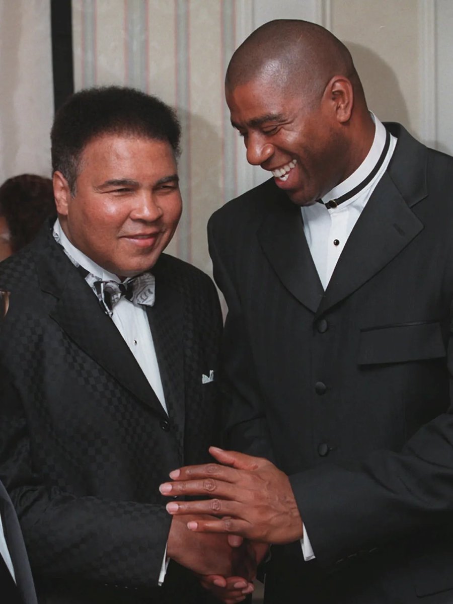 MagicJohnson's tweet photo. My father and I would listen to all of Muhammad Ali’s fights on the radio when I was younger. I’m still shocked that one of my childhood heroes and favorite athletes became one of my good friends because there’s no one like Muhammad Ali. To be stripped of his heavyweight title, sentenced to time in prison, and exiled from boxing for three and a half years...and then come back, reclaim the heavyweight title in 1974 against George Foreman, and be BETTER than he was before is unheard of!! His strength, dedication, and passion showed both in the ring and in the community. He is a world icon. I’ll never forget watching him carry the Olympic torch and light the cauldron in the ’96 Olympics in Atlanta. Knowing everything he overcame during his career made it an even more emotional moment for me. 
 
Out of all our memories, what will always stand out to me was when Muhammad Ali told me to meet him in Chicago to tell me he wanted me to be more than just a basketball player. It challenged me to think beyond the court. Seeing his activism and advocacy for the good of humanity and the underserved with Nelson Mandela, Malcolm X, Dr. Martin Luther King Jr., US presidents, and more inspired me to create real change. It’s those moments and impact that cement him as my G.O.A.T. and will keep his legacy alive forever!!