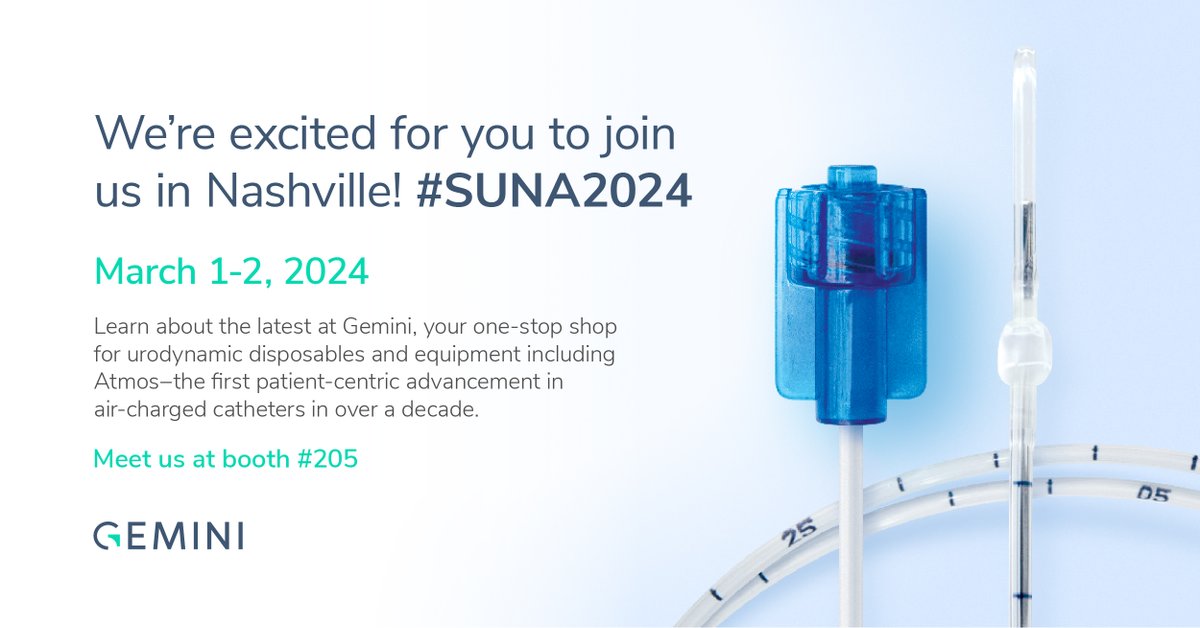 We're coming to #SUNA2024! Register to learn the latest at Gemini, including Atmos – the first patient-centric advancement in air-charged catheters in over a decade.

geminimedtech.com/resources-even…

#Urology #Urodynamics #UrologyNews #UrologyLife #UrologyEvents