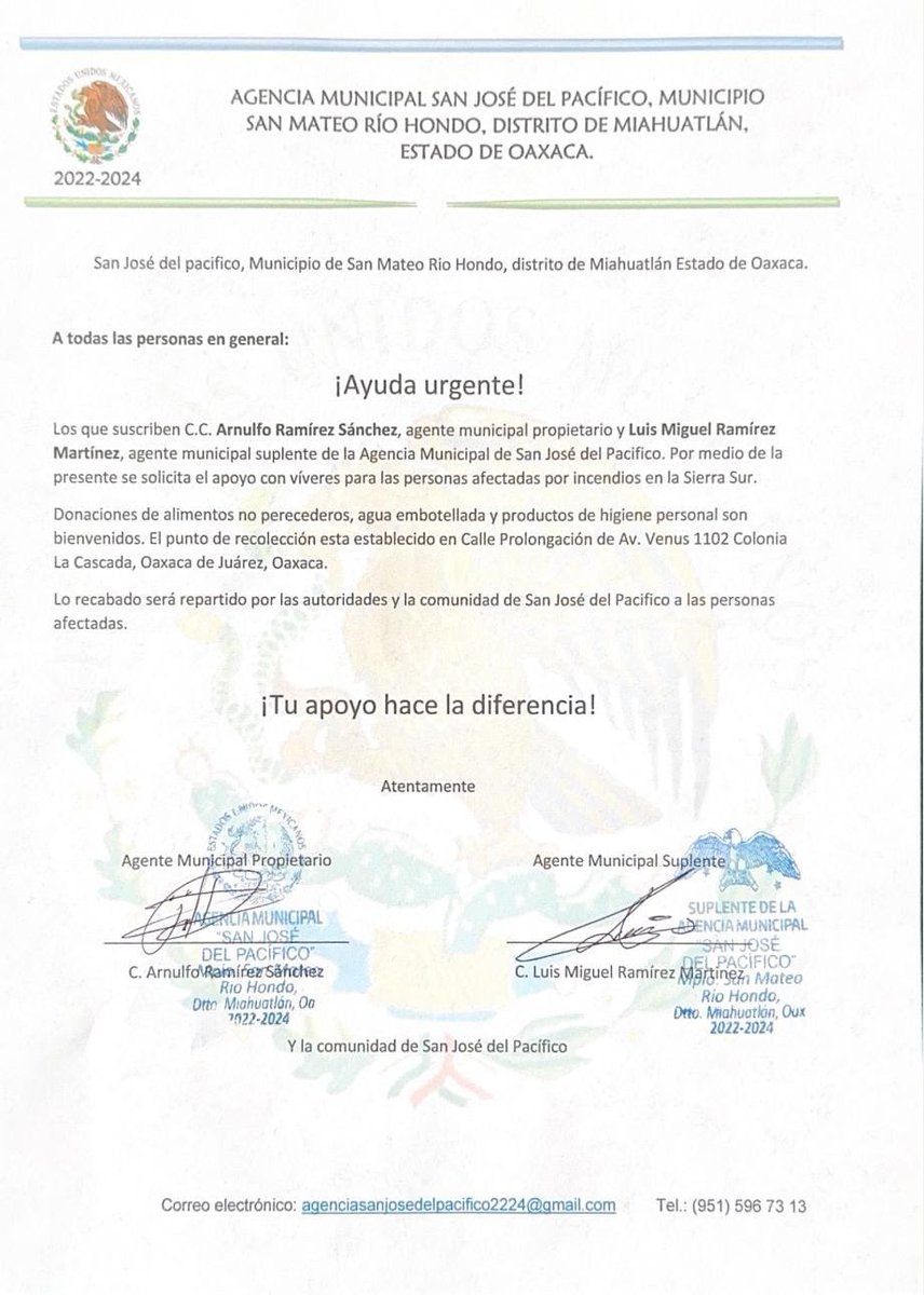 jaimeguerrero08's tweet photo. ‼️#UltimaHora‼️

Arnulfo Ramírez Sánchez, agente municipal propietario y Luis Miguel Ramírez Martínez, agente municipal suplente de la Agencia Municipal de San José del Pacifico, #Oaxaca, piden ayuda para afectados por incendio en su zona boscosa.

Solicitan el apoyo con víveres para las personas afectadas por incendios en la Sierra Sur.

Donaciones de alimentos no perecederos, agua embotellada y productos de higiene personal son bienvenidos. 

El punto de recolección esta establecido en Calle Prolongación de Av. Venus 1102 Colonia La Cascada, #OaxacadeJuárez, Oaxaca.

Lo recabado será repartido por las autoridades y la comunidad de San José del Pacifico a las personas afectadas.