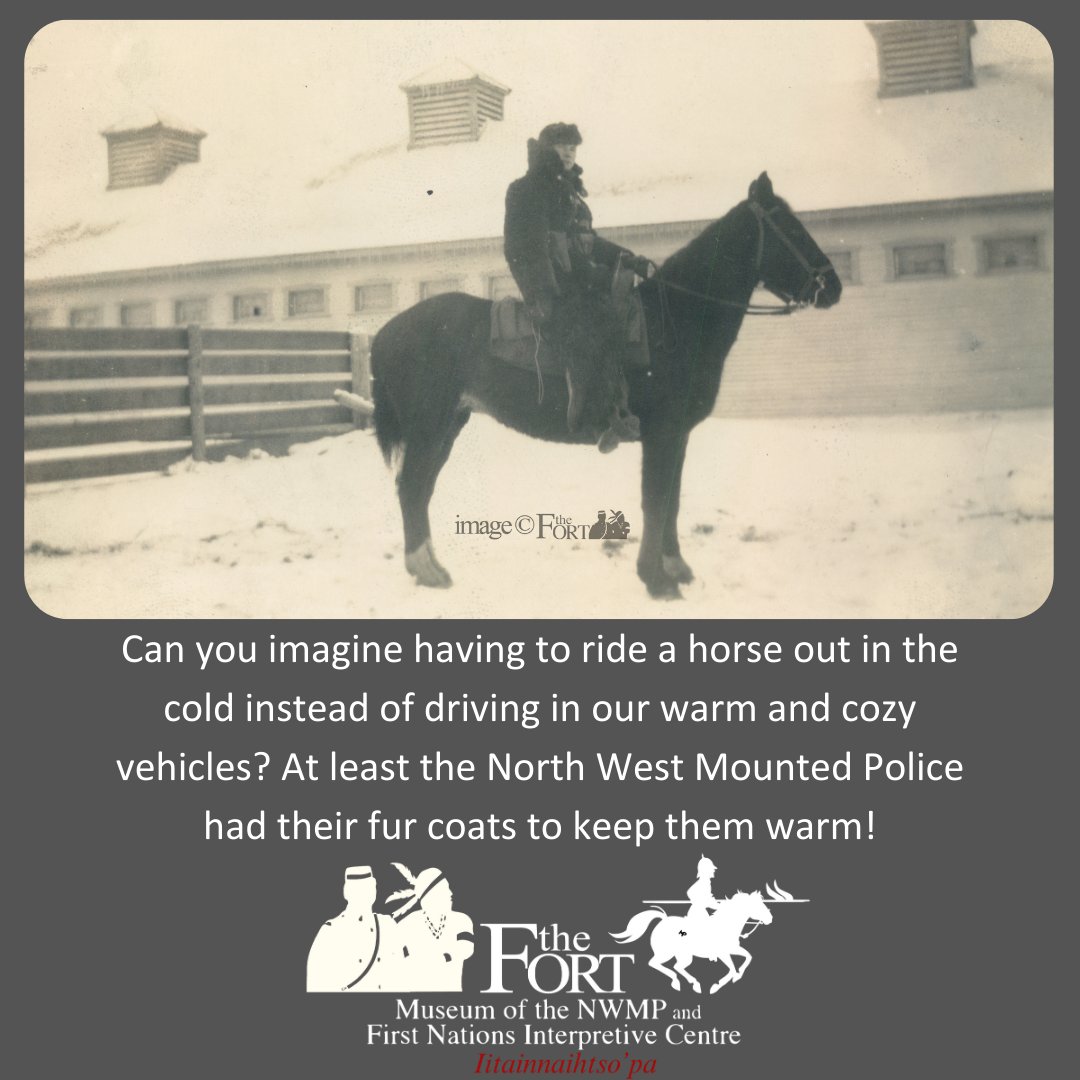 Now that we have snow on the ground again, we wanted to share a little winter time throw back from the archive.
 
FMP.87.25.65
Constable Burnett dressed in full winter attire on horseback in front of the Stables at the Barracks. Fort Macleod, 1920.
 #WinterAttire  #nwmpmuseum