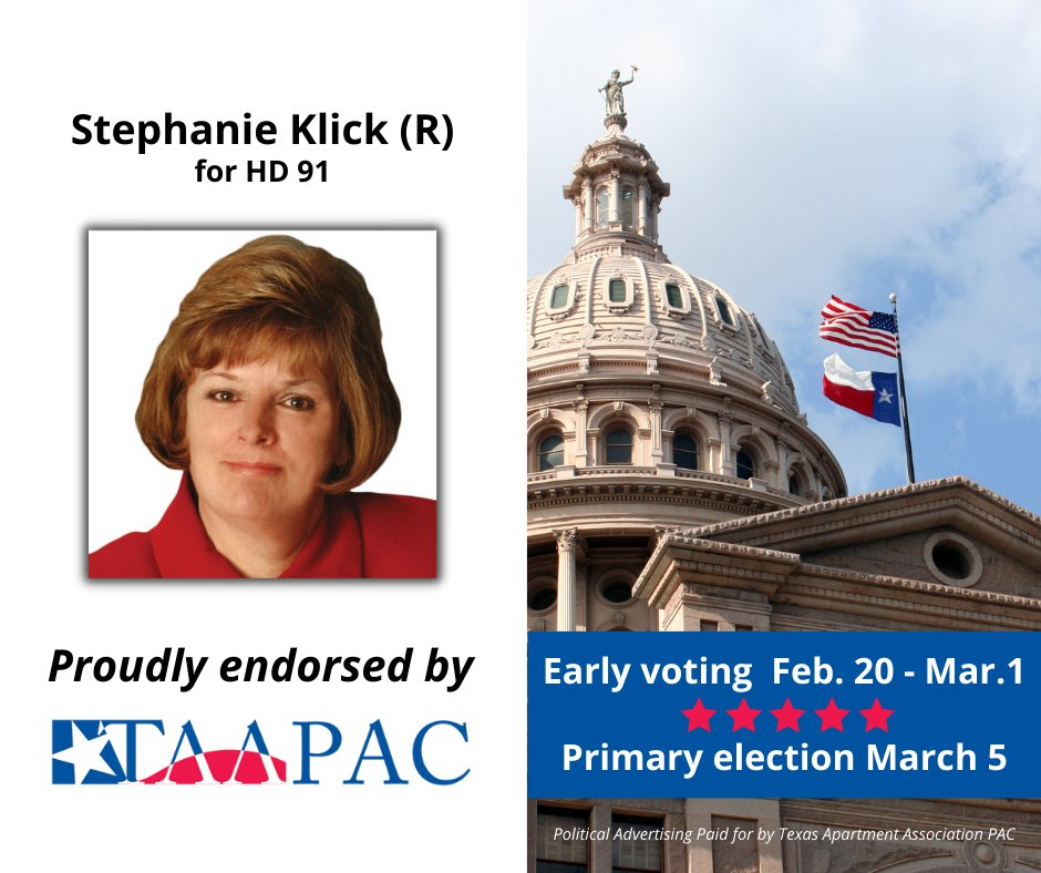 TAA PAC proudly endorses Stephanie Klick for House District 91.