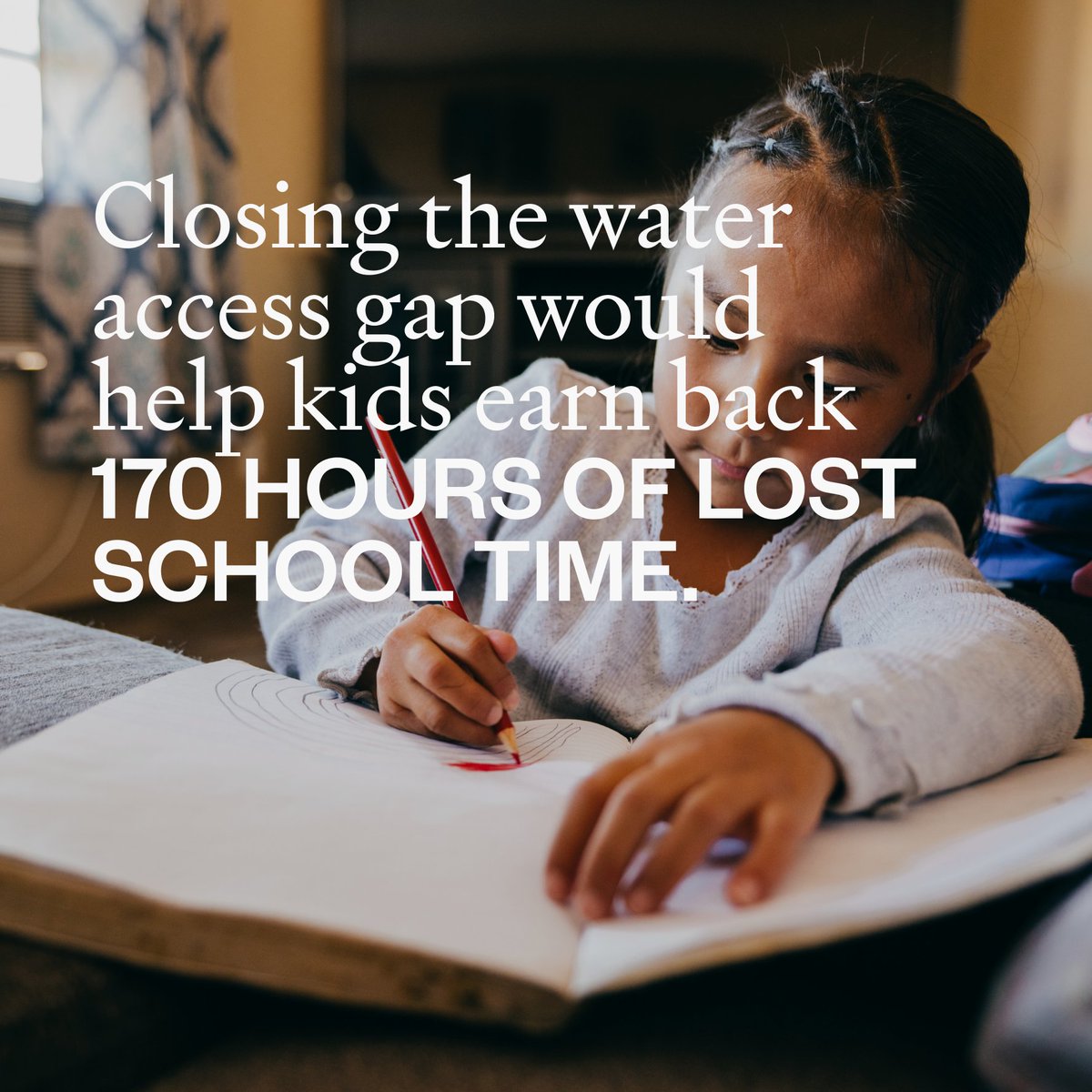 Children lose time from school, homework, and play when they have to help haul water home. Closing the water access gap could give back 170 hours of missed school time to each child. Learn more about the water access gap and what we're doing to close it: digdeep.org/draining