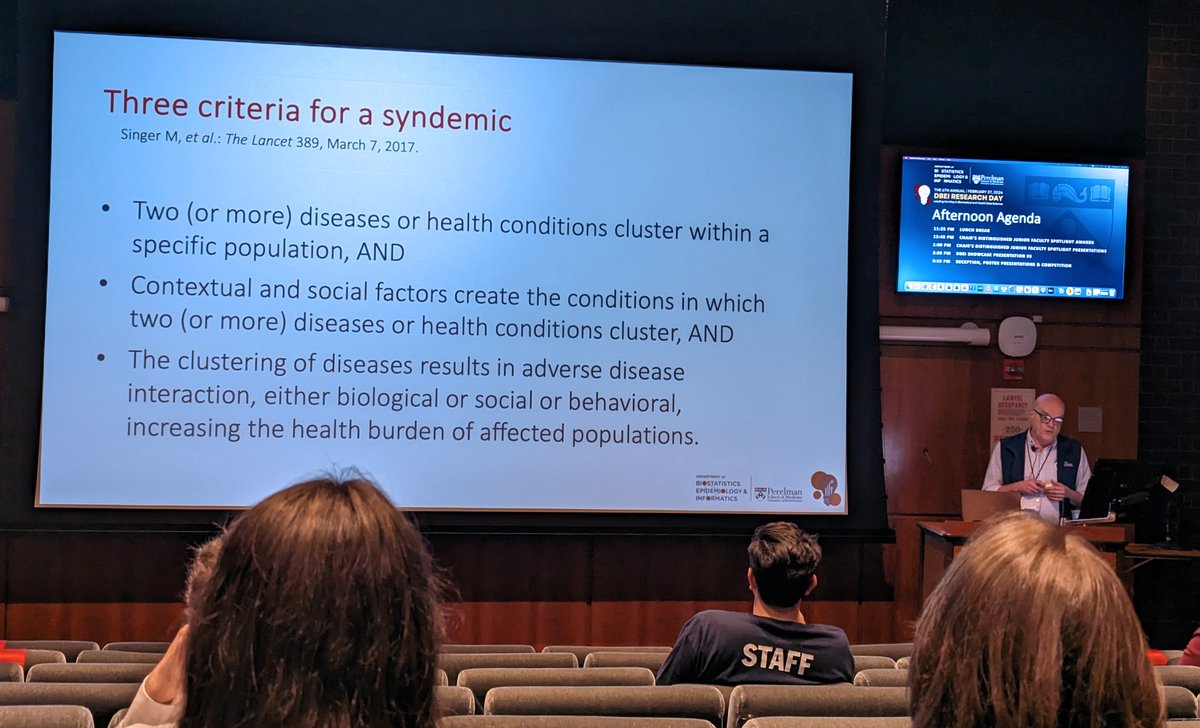 Closing out a day of thought-provoking talks, John H. Holmes, PhD, FACE, FACMI (@Johnhh429H), Professor of Medical Informatics in Epidemiology, explores the fascinating topic of #syndemics, agent-based #modeling, epidemiologic surveillance and #ClimateChange. #DBEIResearchDay
